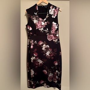 Nina Leonard black floral foiled midi dress size Large